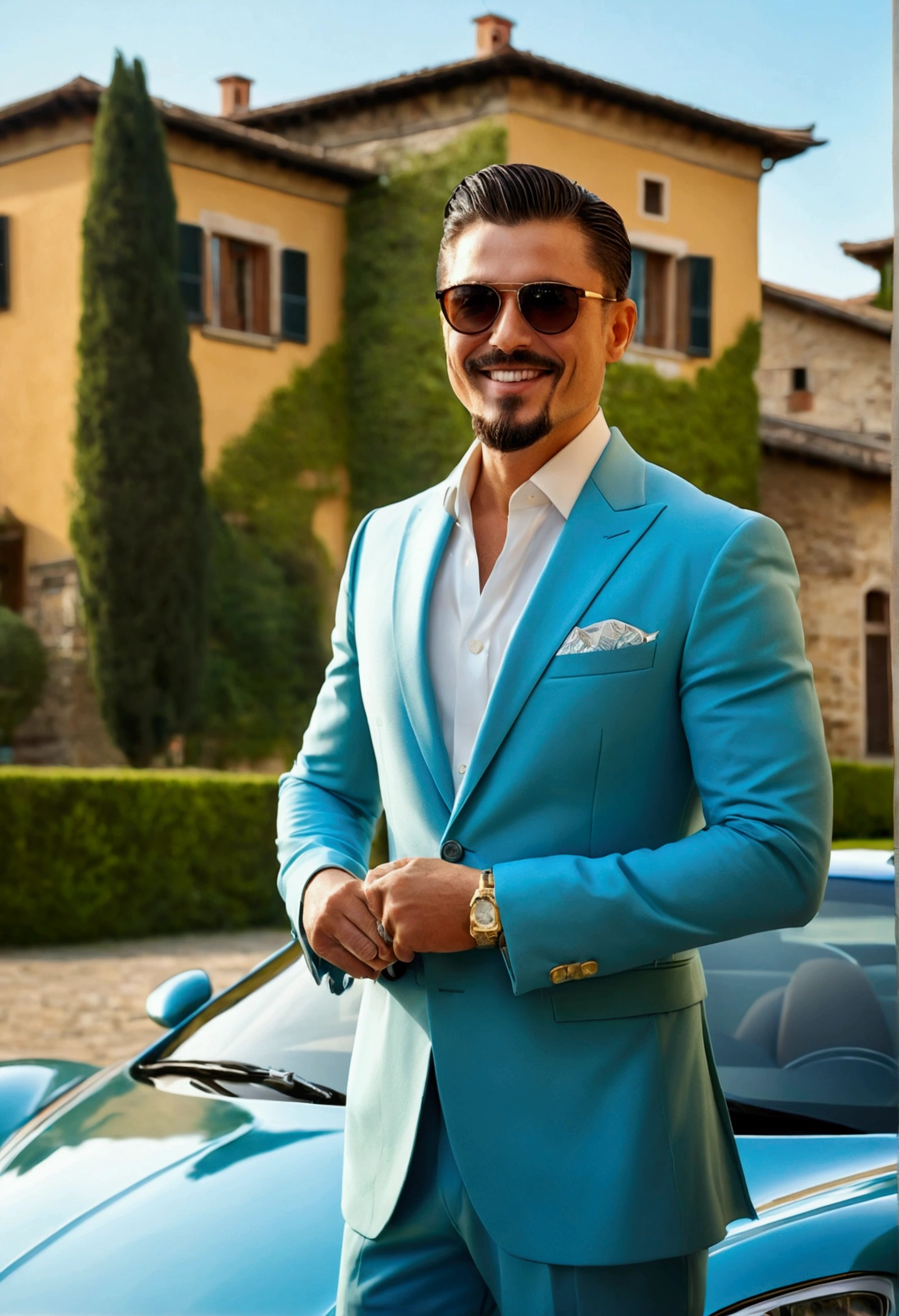 A rich man in China with beautiful scenery, Bokschnit, light beard,Transition to a goatee,The length is 4mm (best qualityer, A high resolution, Masterpiece artwork:1.2), Detailed and realistic display, vivid color, Mediterranean lighting, oil painting, charming Italian village, Picturesque sceneries of Tuscany, Lush green vineyards, Lago Azubraus, elegant suit, trendy sunglasses, luxury mansion, swimpool, lots, Italian sports car, Relax your confident posture, confident grin, summer atmosphere.