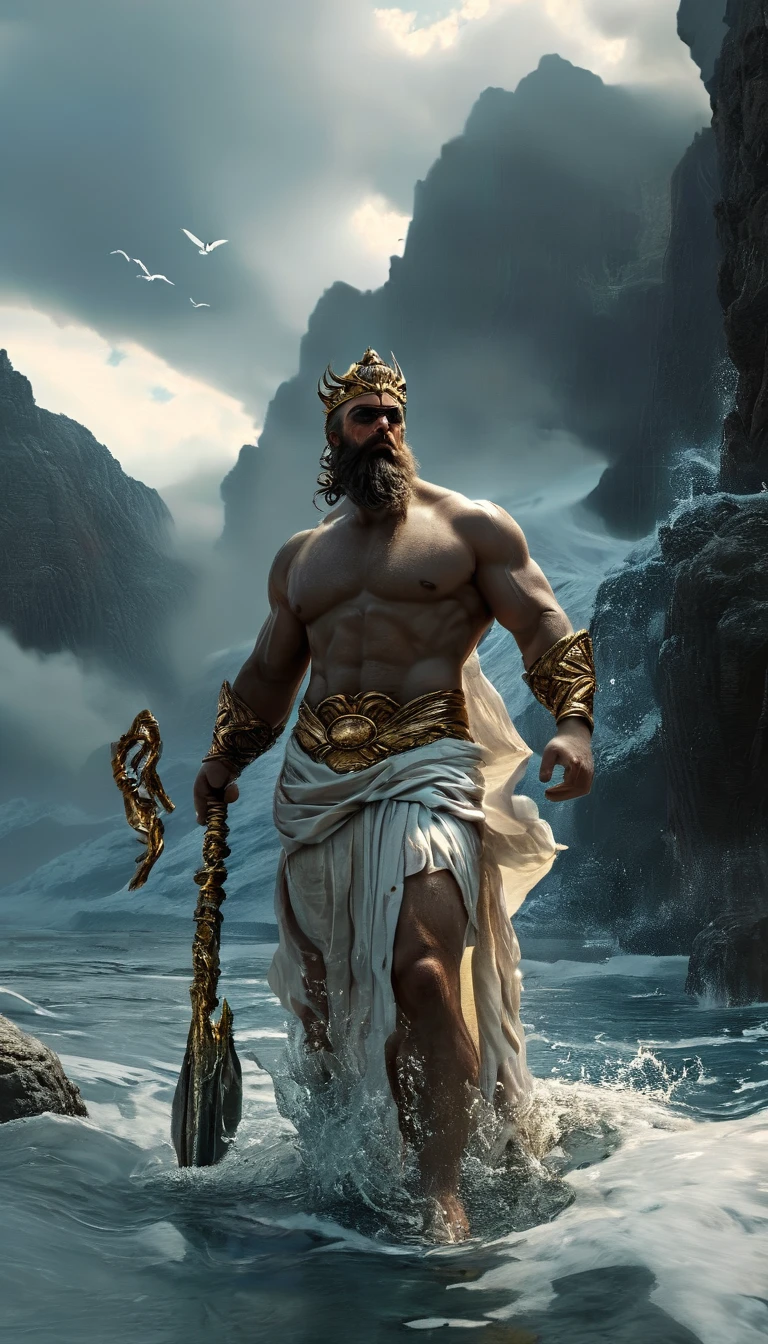 Medium shot, Zeus, Muscular, tall, bearded, thunderbolt, crown, toga, sandals, regal, commanding, divine + Zeus, Hades, Poseidon, negotiating, daytime, solemn, mountains, sky, ocean, underworld, dynamic,dramatic,cinematic,highly detailed,4k,realistic,photorealistic,professional lighting,chiaroscuro,dark,gritty,grunge,powerful,intense,epic
