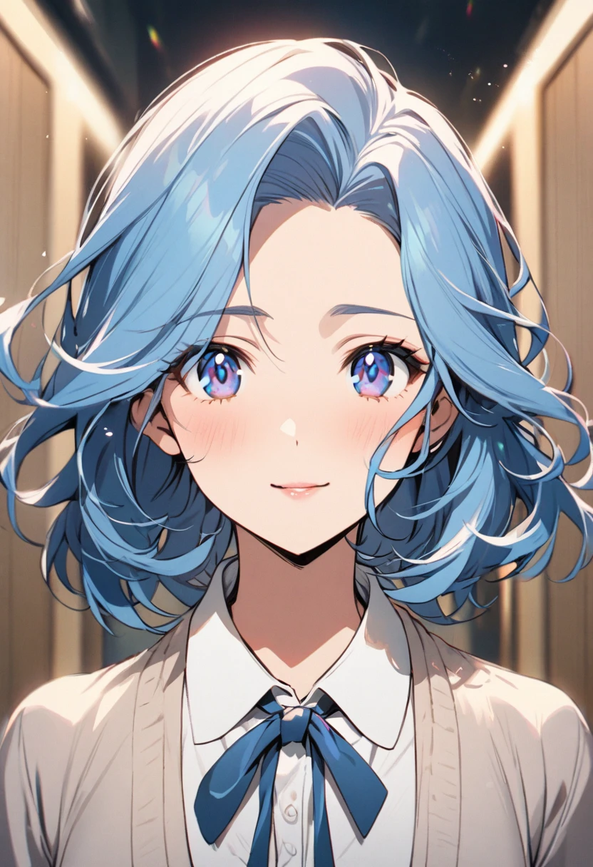girl, mature, beautiful main face, front face, blue eyes, blue hair, cute