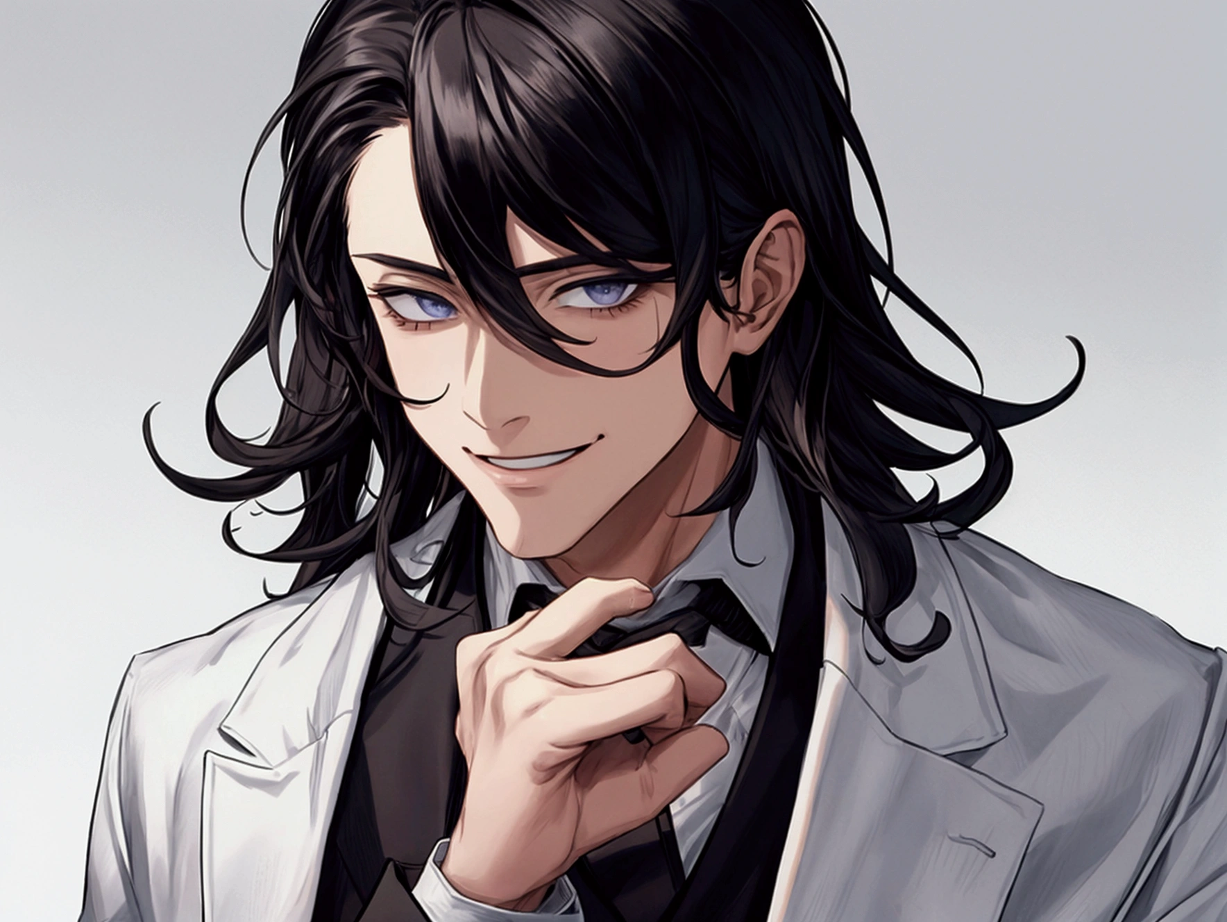 masterpiece,Dynamic Angle,Face close-up,masterpiece,30 year old mature male doctor，Horny,smile,One person、excited,transformation,Black Hair,Slightly longer hair, Scientist,Wear a white coat as a doctor&#39;s outfit，（White Undershirt 1.5）,Background Research Room,Scientistの部屋