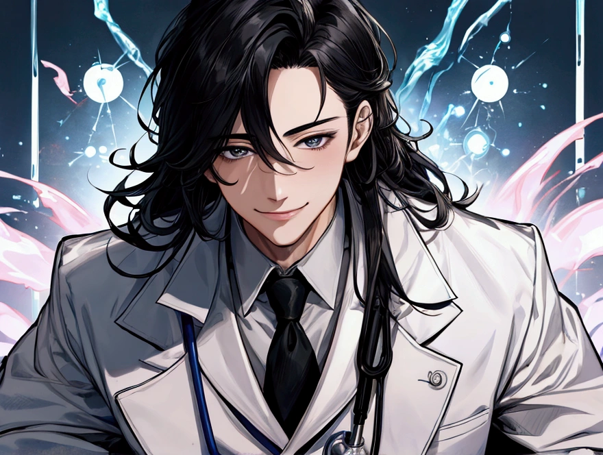masterpiece,Dynamic Angle,Face close-up,masterpiece,30 year old mature male doctor，Horny,smile,One person、excited,transformation,Black Hair,Slightly longer hair, Scientist,Wear a white coat as a doctor&#39;s outfit，（White Undershirt 1.5）,Background Research Room,Scientistの部屋