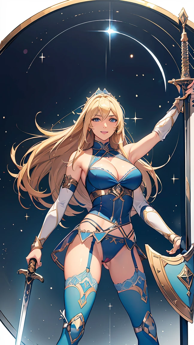 Browsing Caution,Sensual, Long blonde hair, Thick thighs, 8k, 4K, Highest quality, (High resolution:1.6), Cute anime face, Noise Reduction, (Sparkling Blue Eyes, A kind smile:1.3, Kind eyes:1.3)、Toned Abs, Muscular arms, Muscular legs, Young Face, Anime Eyes, Sophitia Alexandra、(Sword in right hand:1.5)、(Equipped with a shield on the left arm:1.5)、(SFW Giant:1.9)、(Beautiful Nose:1.5)、Long tights、Knee-high boots、(garter belt:1.5)、Beautiful Hands、Beautiful fingers、(High cut thong:1.5),A guardian who can see the goblin's den