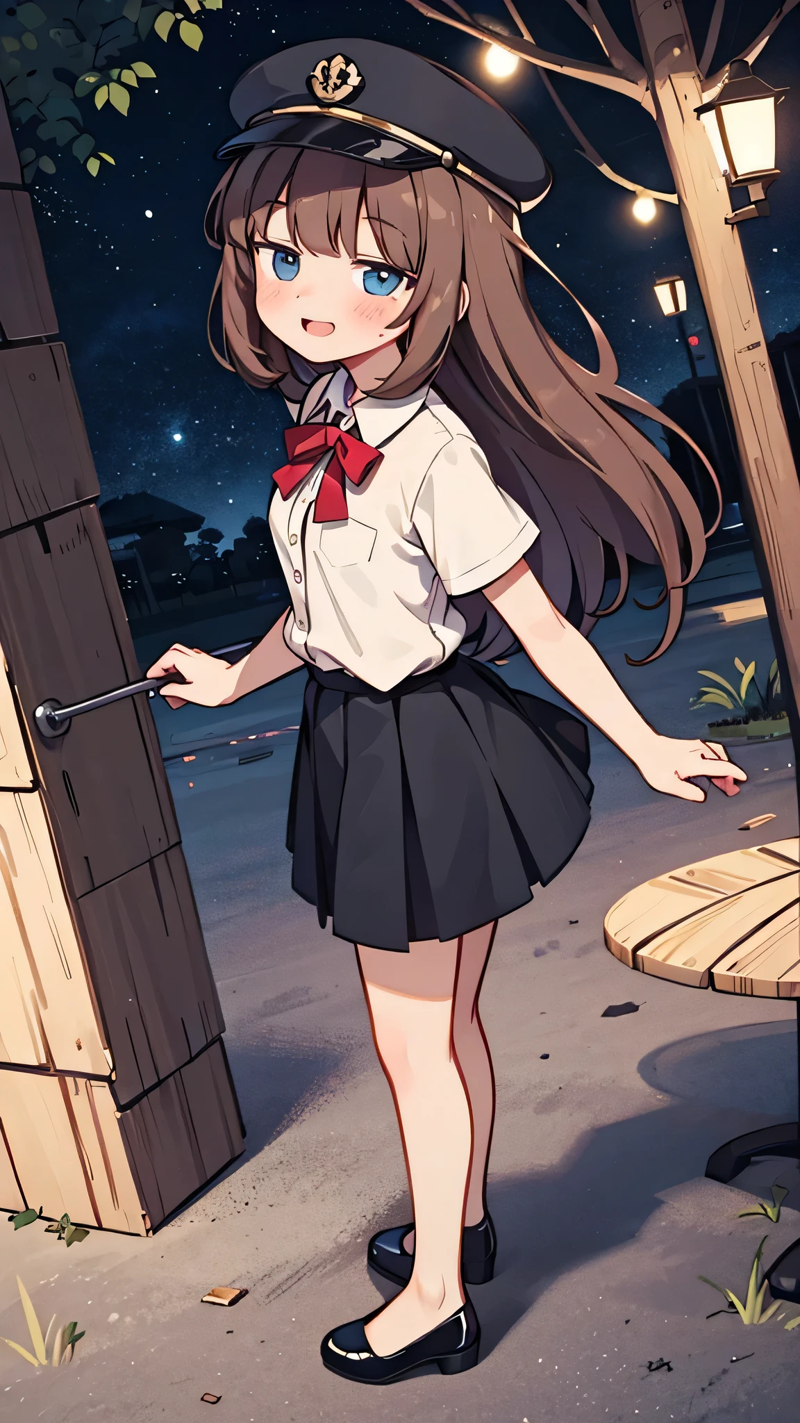 {Highest quality}, {Super beautiful},{Ultra fine},{Best illustration},Brown Hair,Hime cut,semi-long,Bangs,Standing Woman,Uniform cap,White Shirt,Short sleeve,Long black skirt,Night Park,Embarrassed,smilingly,Blushing,Slender women, A woman wearing plain black pumps,Bare feet and pumps,From an angle,From above,Proudly
