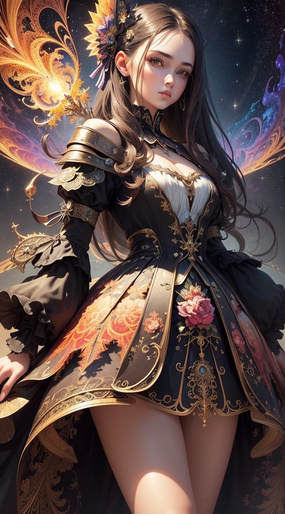 (Masterpiece, Top quality, Best quality, offcial art, Beauty and aesthetics: 1.2), (1 girl), Extreme detail, (Fractal art: 1.3), extremely colorful, suprem details, Perfect face, sportrait, hdr,  starrysky, meteors, Light stripes, surrealism.