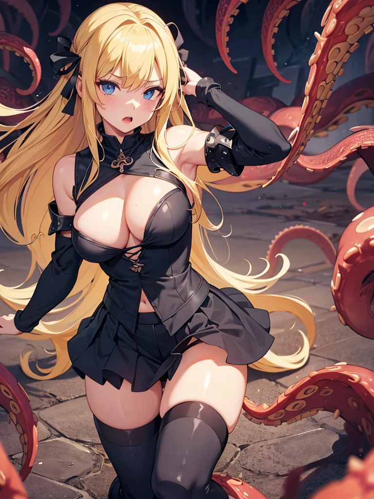 masterpiece, best quality, high definition images, atmospheric perspective, expressive eyes, perfect face, ultra detailed, solo, 1mature seductive woman restrained by tentacles, female knight, looking panic, blond long hair, hair ribbon, armour, tentacles crawling cleavage, 
 torn clothes, miniskirt, flip-up skirt, tentacles touch panties, tentacles wrap thighs, over knee socks, high boots, serious expression, open mouth, lots of tentacles swarming,