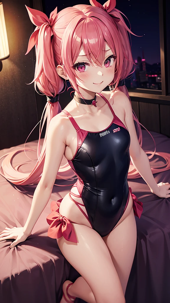Erotic、Shihodo Narika、Pink Hair、Twin tails、No sleeve、Shoulder、Super Subaru Flash Ninja Haruka、Red one piece swimsuit　Pink line、Evil female executive、sexy、Wicked Smile、lure、Alluring、Pitch black background、Dark bedroom at night