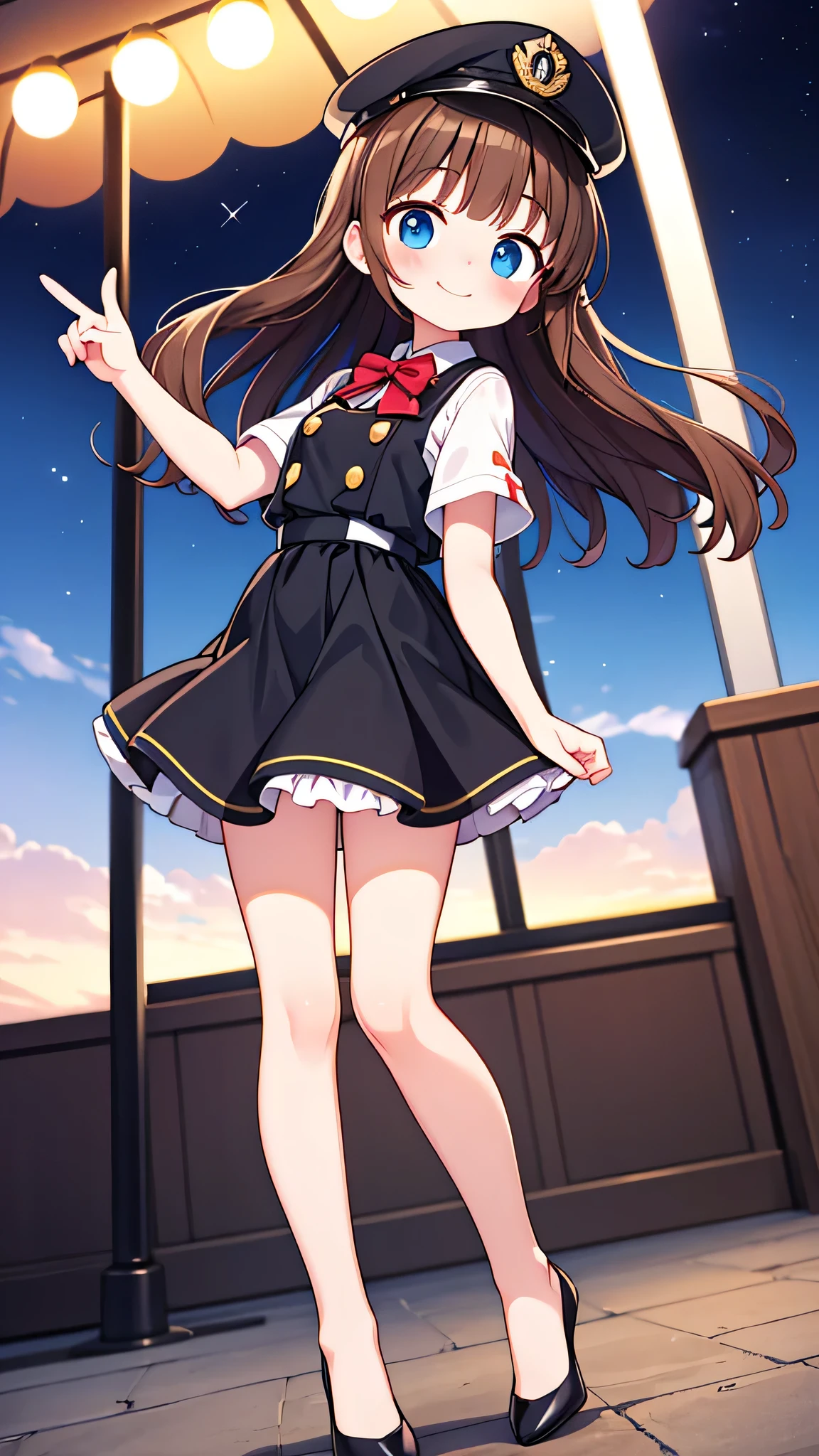 {Highest quality}, {Super beautiful},{Ultra fine},{Best illustration},Brown Hair,Hime cut,semi-long,Bangs,Standing Woman,Uniform cap,White Shirt,Short sleeve,Long black skirt,Night Park,Embarrassed,smilingly,Blushing,Slender women, A woman wearing plain black pumps,Bare feet and pumps,From an angle,From above,Pointing