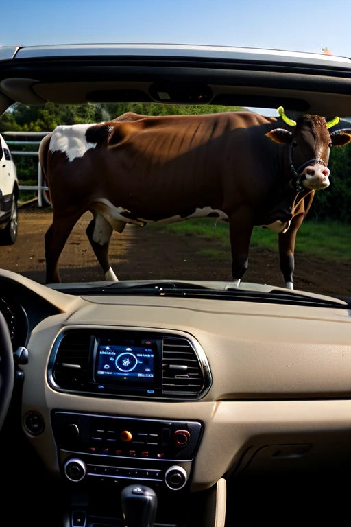 Polo car blinking light on cow