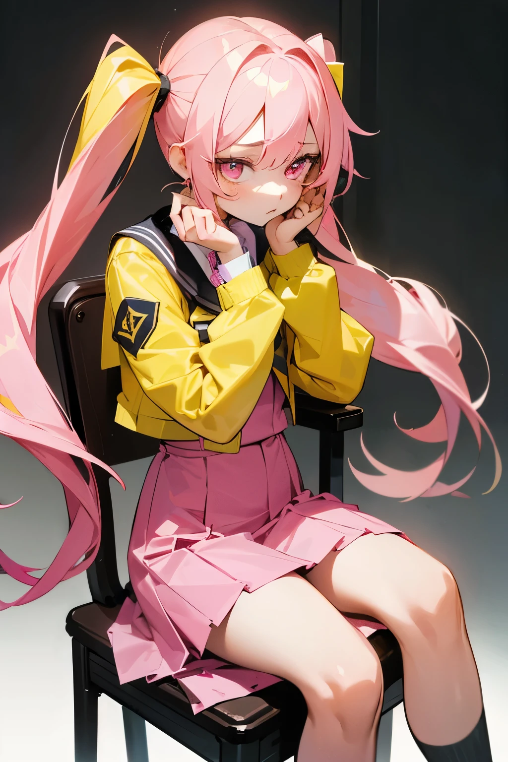 A girl, with gradien yellow and pink (almost yellow) long hair (twintail) (not pink hair), pink eyes, expression is a little bit like bored and sad, wearing uniform school, wearing yellow jacket, with gray skirt, pose is sit on the chair and looking at the window, with a class background.