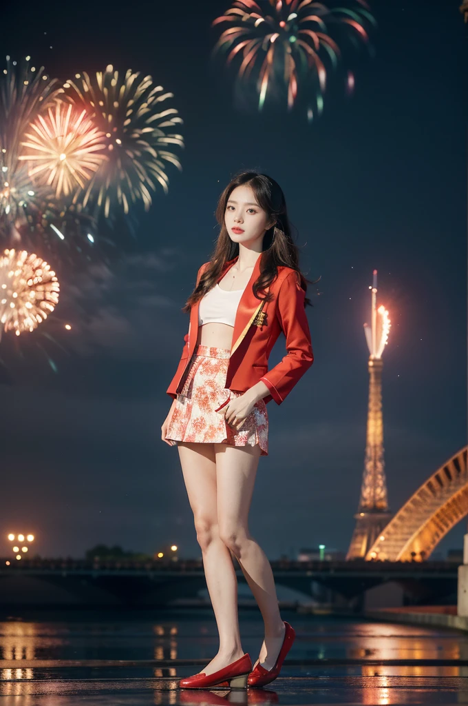 (((best quality))),(((ultra detailed))),(((masterpiece))),illustration, ((Olympic Opening Ceremony,in Paris,summer night,magnificent National stadium of France,Olympic flame, fireworks)),(crowded crowds of enthusiastic spectators:1.3),((a beautiful Chinese girl,solo)),((shoulder length straight hair:1.2)),((slim,thin)),((small breasts,flat chest)),(red blazer:1.5),(yellow dress:1.2),(slender legs:1.2),(loafers:1.2),excited expression, awe, celebrating, electric atmosphere, sense of pride, excitement, playing field, crowd energy, unity, camaraderie, representing China, historic event, memorable moment,((standing,arms behind back)),((from front,full body))