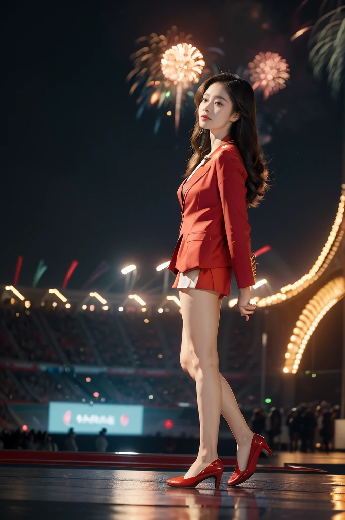 (((best quality))),(((ultra detailed))),(((masterpiece))),illustration, ((Olympic Opening Ceremony,in Paris,summer night,magnificent National stadium of France,Olympic flame, fireworks)),(crowded crowds of enthusiastic spectators:1.3),((a beautiful Chinese girl,solo)),((shoulder length straight hair:1.2)),((slim,thin)),((small breasts,flat chest)),(red blazer:1.5),(yellow dress:1.2),(slender legs:1.2),(loafers:1.2),excited expression, awe, celebrating, electric atmosphere, sense of pride, excitement, playing field, crowd energy, unity, camaraderie, representing China, historic event, memorable moment,((standing,arms behind back)),((from front,full body))
