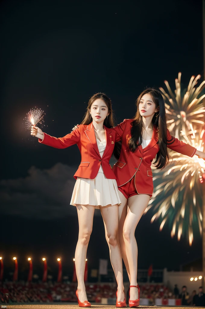 (((best quality))),(((ultra detailed))),(((masterpiece))),illustration, ((Olympic Opening Ceremony,in Paris,summer night,magnificent National stadium of France,Olympic flame, fireworks)),(crowded crowds of enthusiastic spectators:1.3),((a beautiful Chinese girl,solo)),((shoulder length straight hair:1.2)),((slim,thin)),((small breasts,flat chest)),(red blazer:1.5),(yellow dress:1.2),(slender legs:1.2),(loafers:1.2),excited expression, awe, celebrating, electric atmosphere, sense of pride, excitement, playing field, crowd energy, unity, camaraderie, representing China, historic event, memorable moment,((standing,arms behind back)),((from front,full body))