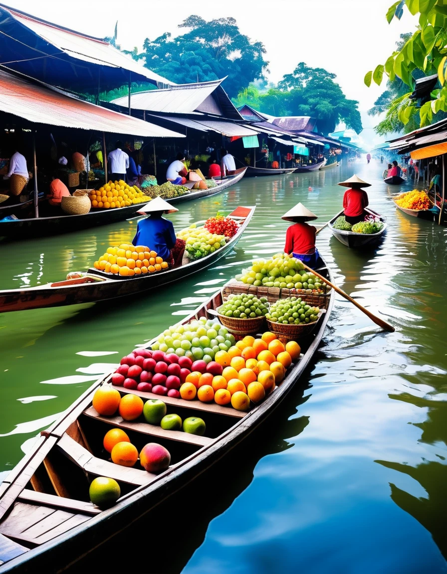 An oil painting showing a floating market, rowing a boat selling fruit, and the way of life of Thai people. Picture in the middle of the early morning Proper picture arrangement