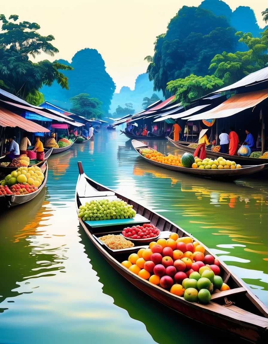 An oil painting showing a floating market, rowing a boat selling fruit, and the way of life of Thai people. Picture in the middle of the early morning Proper picture arrangement