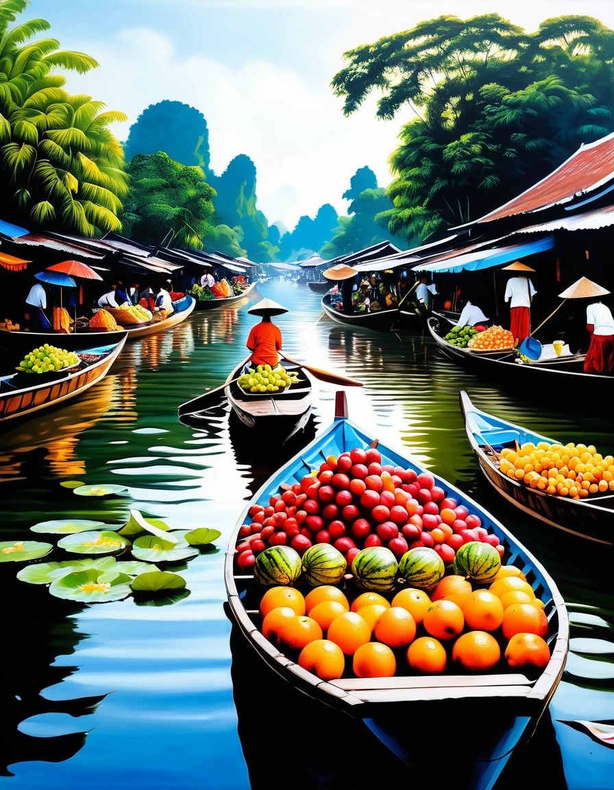 An oil painting showing a floating market, rowing a boat selling fruit, and the way of life of Thai people. Picture in the middle of the early morning Proper picture arrangement