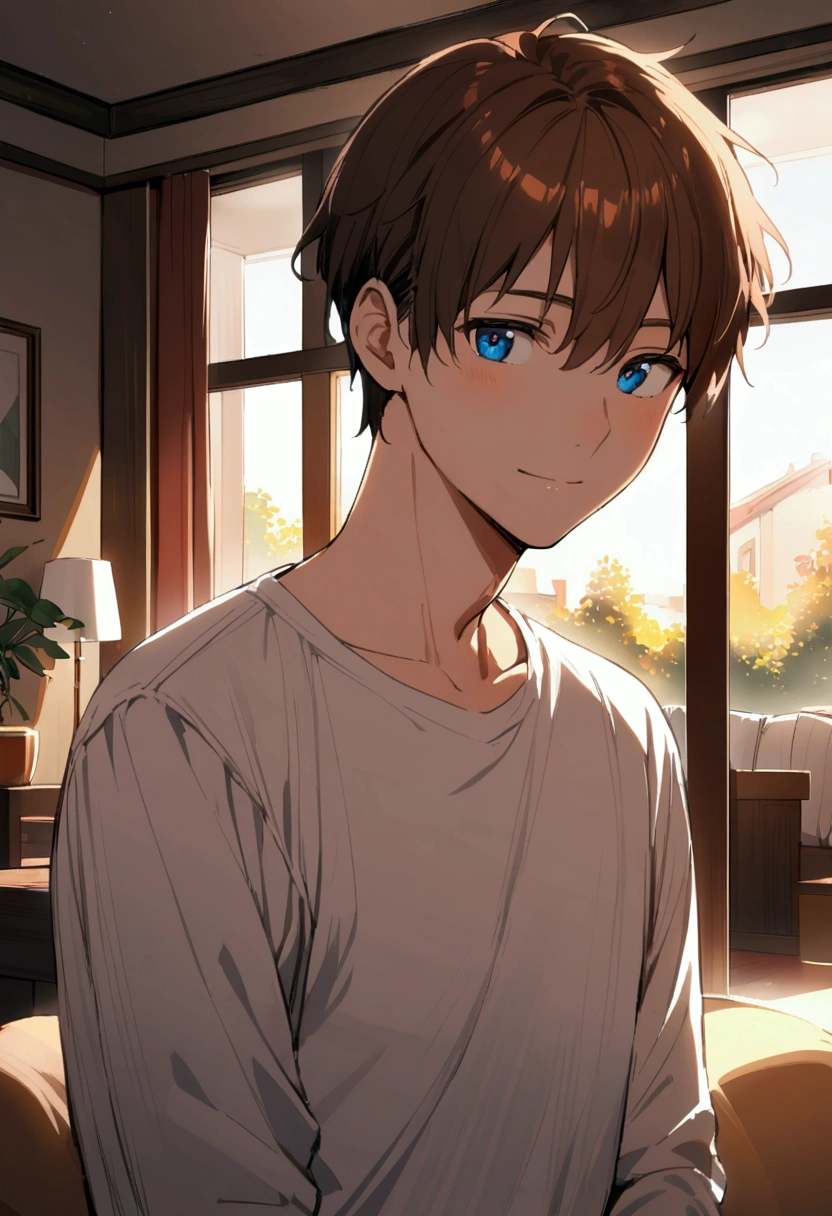 1man with short fluffy brown hair, kind face, blue eyes, white shirt, living room, indoors, jeans, tall, upper body focus