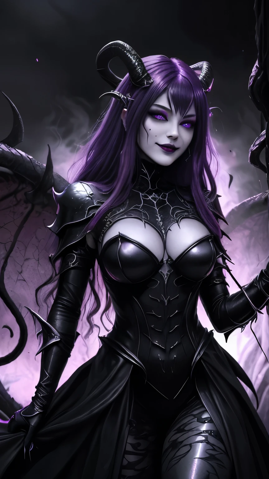Esoteric arachnids lady, Spider Queen Elise, League of Legends, Esoteric arachnids, Combat Stance, ( body formed from metallic mauveine and metallic black liquid metallic paint twisting into a beautiful interpretation of the female figure), length, Sharp Fangs, nature, ((Complex metallic colors in the foreground)), (( Fluid Mechanics, The most beautiful smooth scale face makeup, Smirking expression)) - Dark blood, Onyxia、Noir painting of a beautiful young witch, length purple hair, dark purple lips, evil, evil female, smile, Black Prom Dress, She is coming to you, close, Bright Blue Eyes, Surrounded by swirling pink smoke, Genuine, High detail, Highest quality、A beastly demon wields a vicious Blade, Blood Chain, Behemoth Bones, Snake-like tentacles, Cruel Teeth, Expressions of madness, Oppressive Dungeon. 8K Vision Reveals Fear, Ultra HD detail makes monsters stand out, Grotesque shadows dance, The creature whispers, Stifling atmosphere, Vision problems, Visible Madness. Blade, A flash of evil intent shines, reflect (Light) Beyond the Darkness, Elucidate (Sharp details) and、Add a dizzying dimension to the impending chaos.