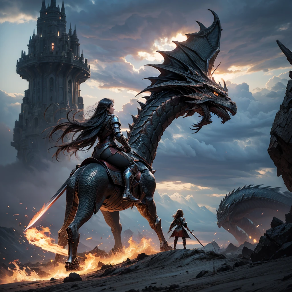 Seen from a distance, a beautiful girl with full armor and sword and shield, fighting a monstrous dragon, dragon is spitting fire, the girl looks tiny in the picture, high octane fight, from behind, clouds rotation in the sky as the background