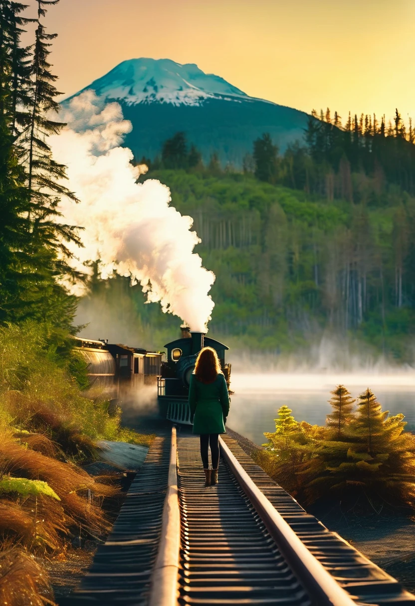 double exposure style, The story set 1924 in Seattle, a woman stand on natural land, background Nimpkish Lake at a logging northern Vancouver Island, log dump wood steam train, sunset, great golden hour, fog, green and blue less saturated