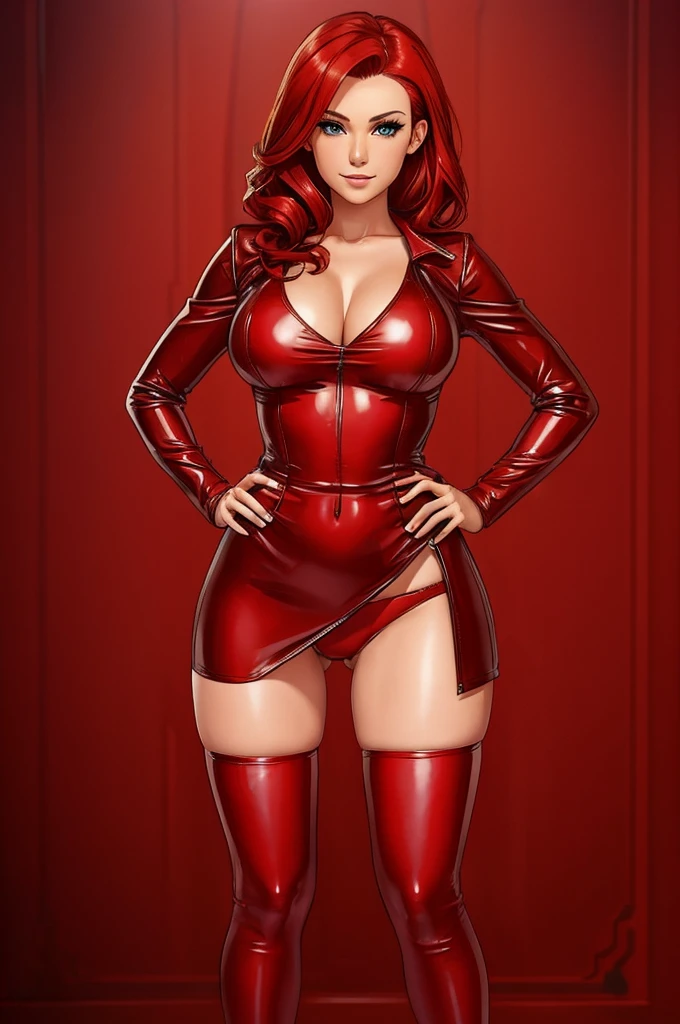 woman in a leather dress posing for a picture, skintight dress, red hair, red panties, red panties,