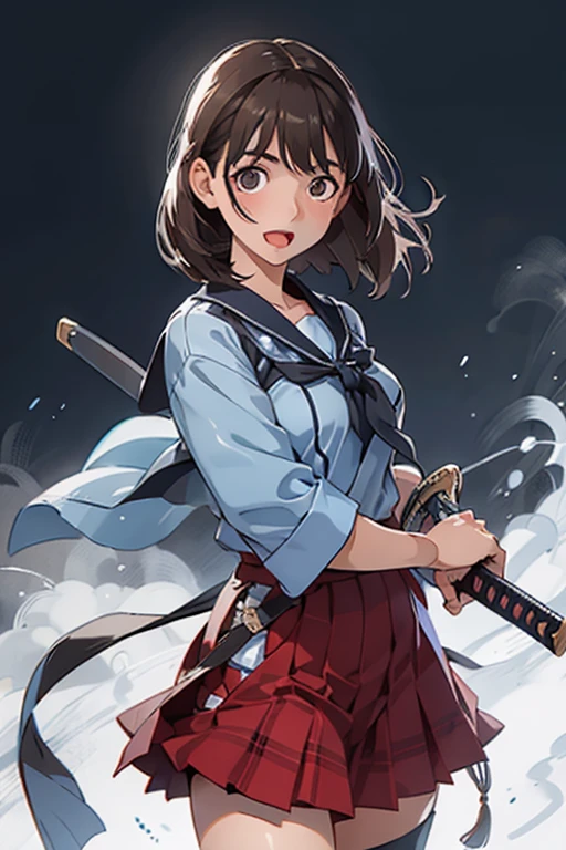 masterpiece, Highest quality, One high school girl,Very detailed,Black eyes,European facial structure,,Natural Beauty,Cinematic,Breasts are moderately sized 10.0,An expression of joy,Open Mouth Smile,Cleavage,Japanese swords are 10 yen each.0,Sword Drawing Technique,Quickly drawing the sword from its sheath,10 photos capturing the moment a sword is drawn.0,The length of the sheath is 1.5 m,Powerful and powerful pose,Extremely fine and intricate detail,Skilled Technology,Low posture,Sailor uniform, light blue ribbon, light blue skirt, plaid skirt,The right hand holds the handle of the sword and the left hand holds it in the sheath..0,