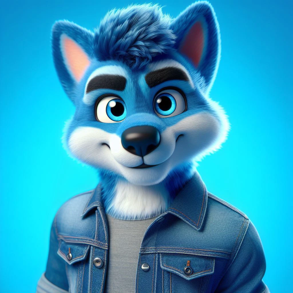 Make an image of a Disney Pixar style cartoon fantasy cute blue wolf, full body a blue background, blue denim jacket, Disney studio, big blue eyes, beautiful image, cartoon, 3D style,
High detail. blue background, Disney studio, ultra resolution, 16k