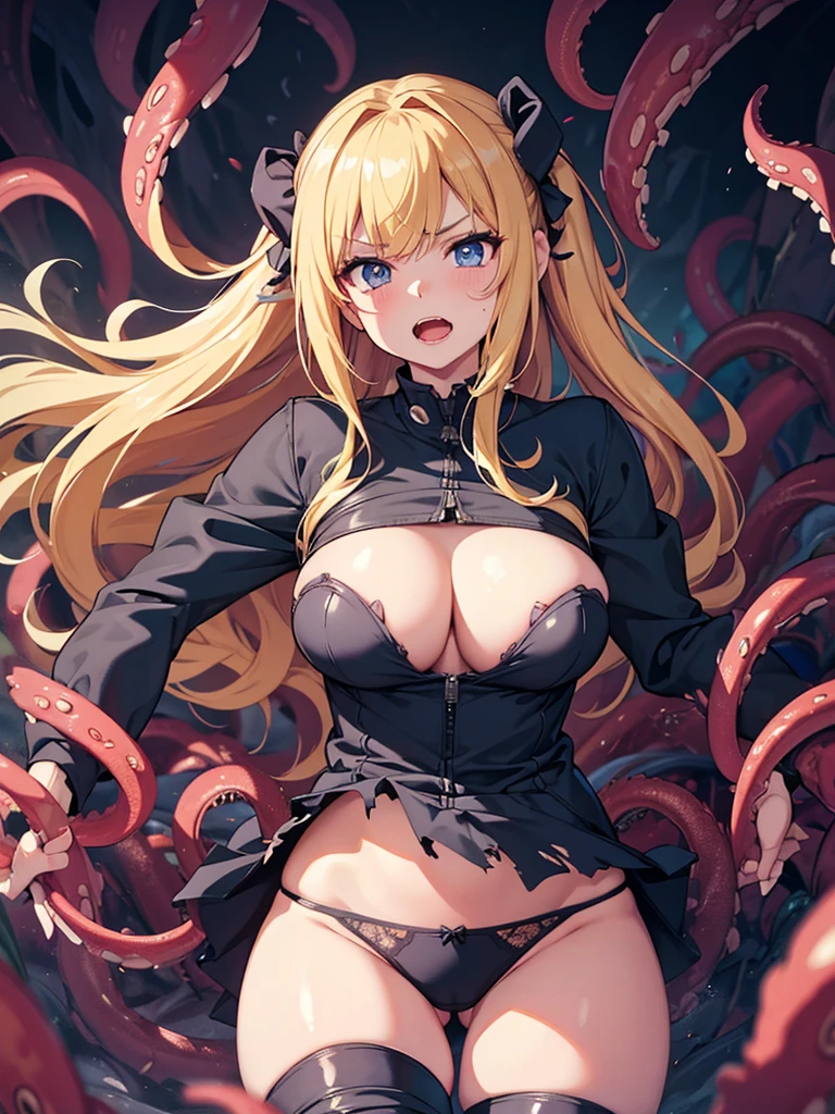 masterpiece, best quality, high definition images, atmospheric perspective, expressive eyes, perfect face, ultra detailed, solo, 1mature seductive woman restrained by tentacles, female knight, looking panic, blond long hair, hair ribbon, armour, tentacles crawling cleavage, 
 torn clothes, miniskirt, flip-up skirt, tentacles touch panties, tentacles wrap thighs, over knee socks, high boots, serious expression, open mouth, lots of tentacles swarming,