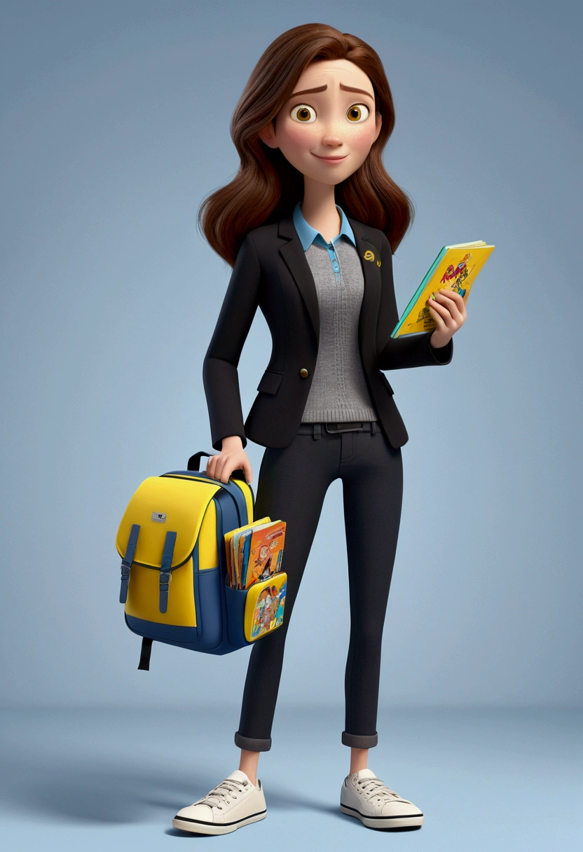 3D PIXAR STYLE POSTER. woman with fair skin, BROWN HAIR ON THE SIDE, brown eyes, black blazer, black pants, GRAY SHIRT WITH PUZZLERED, Unripe, azul e amarelo, White All Star Sneakers, WORKS AS A TEACHER, BACKPACK NOTEBOOK IN HAND, coloured background
