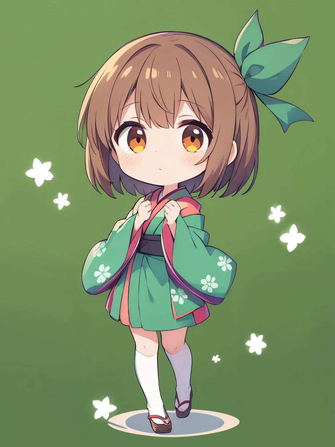 1girl,kimono,chibi,full body,green background,short hair,brown hair,brown eye,staning,put hands on body,put a red ribbon on your head