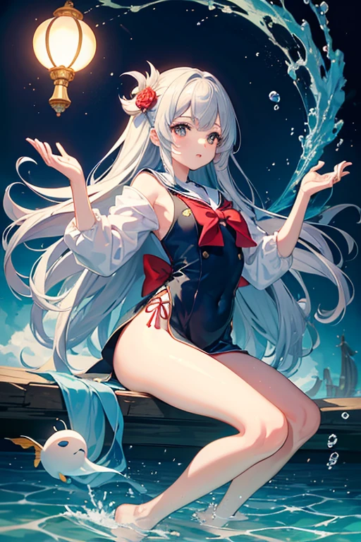 masterpiece, Highest quality, High resolution，Follow the on-screen instructions、Anime Style、Follow the prompts、One Girl、Long silver hair、Sailor suit、Inside a cylindrical aquarium、Coral Reef、fish、Falling position、Your body position when viewed from the side should look like an N.、Extend your hands towards the water、On the way down to the bottom of the sea、Look at the water surface
