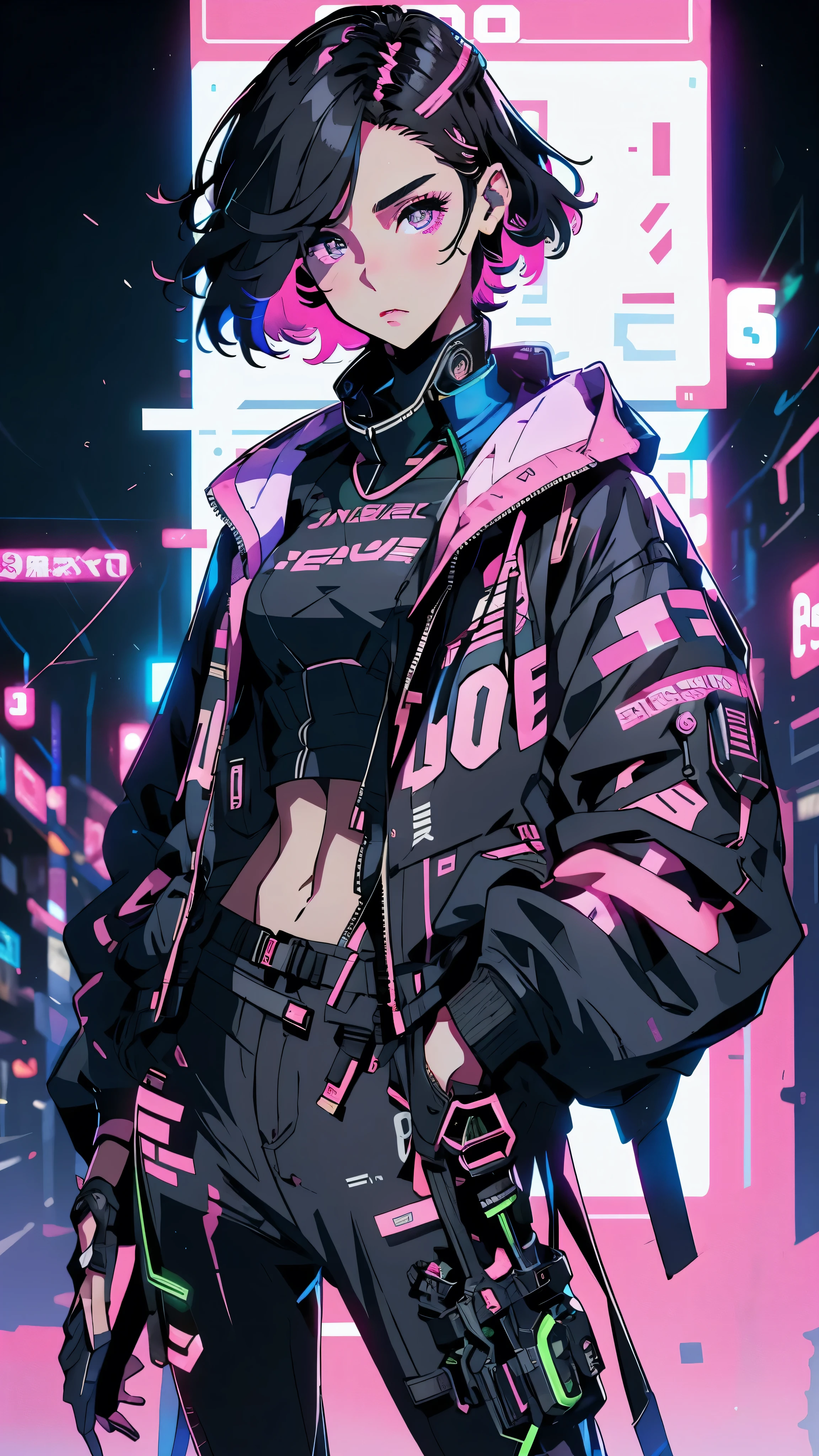 1girl programmer girl, black hair, pink ombre, cute face, short hair, high definition, master peace, sexy, jacket, black eyes, night, neon, white skin