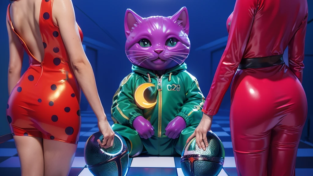 This image shows a purple cat wearing a green jacket with a yellow crescent moon on it.3d render, glossy texture, smooth 3d model, multiple light sources, rim light, sharp post effects render, (glossy plastic texture with multiple big light probe refractions), perfect cgi, smooth silhouette, high intensity refraction, (super glossy material), most beautiful vfx , blue background, plastic refractions, realistic, 4k, high resolution, rim light, photo shoot, commercial photo, profile shot, 4k, rim light, high resolution, 4k, glossy texture, smooth 3d model, multiple light sources, rim light, sharp post effects render, (glossy metallic texture with multiple big light probe refractions), perfect cgi, cgi art created only with gradients, smooth silhouette, high intensity refraction, (super glossy chrome material), most beautiful vfx, blue background, chrome metal refractions, multiple light sources, rim light, sharp post effects render, perfect cgi, digital art, detailed digital art, reflective, best quality, 4k, masterpiece:1.2, ultra-detailed, realistic, vivid colors, dark and moody lighting, The image of the highest quality, ensuring every detail is showcased perfectly. It in 4k resolution, allowing viewers to immerse themselves in the richness of the colors and intricate details. The realistic rendering. under the spotlight, reflecting, high-resolution image, realistic rendering, dark background, and rim light photorealistic The image features three characters standing in front of three houses. The characters are a red-haired mermaid, a purple cat, and an orange dog. They are each holding a yellow maraca