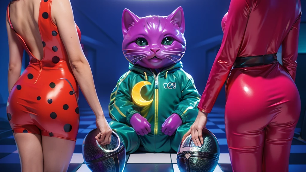 This image shows a purple cat wearing a green jacket with a yellow crescent moon on it.3d render, glossy texture, smooth 3d model, multiple light sources, rim light, sharp post effects render, (glossy plastic texture with multiple big light probe refractions), perfect cgi, smooth silhouette, high intensity refraction, (super glossy material), most beautiful vfx , blue background, plastic refractions, realistic, 4k, high resolution, rim light, photo shoot, commercial photo, profile shot, 4k, rim light, high resolution, 4k, glossy texture, smooth 3d model, multiple light sources, rim light, sharp post effects render, (glossy metallic texture with multiple big light probe refractions), perfect cgi, cgi art created only with gradients, smooth silhouette, high intensity refraction, (super glossy chrome material), most beautiful vfx, blue background, chrome metal refractions, multiple light sources, rim light, sharp post effects render, perfect cgi, digital art, detailed digital art, reflective, best quality, 4k, masterpiece:1.2, ultra-detailed, realistic, vivid colors, dark and moody lighting, The image of the highest quality, ensuring every detail is showcased perfectly. It in 4k resolution, allowing viewers to immerse themselves in the richness of the colors and intricate details. The realistic rendering. under the spotlight, reflecting, high-resolution image, realistic rendering, dark background, and rim light photorealistic The image features three characters standing in front of three houses. The characters are a red-haired mermaid, a purple cat, and an orange dog. They are each holding a yellow maraca