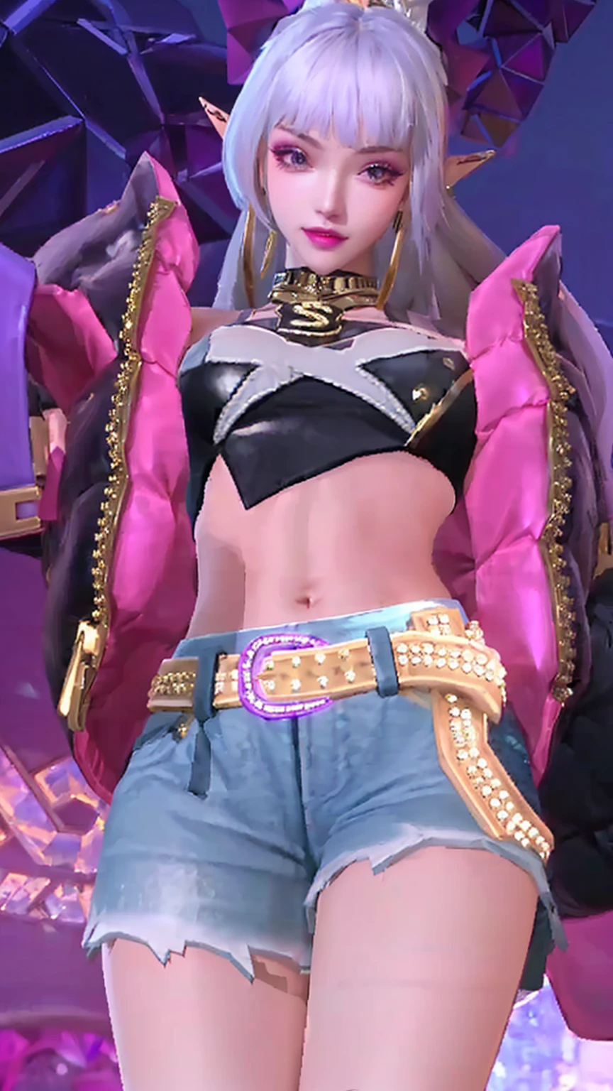 a close up of a woman in a short skirt and a jacket, her belly on is exposed, kda, full body!! maximalist details, seraphine ahri kda, exposed midriff, fuchsia skin below the armor, nico robin, tinyest midriff ever, neon edges on bottom of body, belly exposed