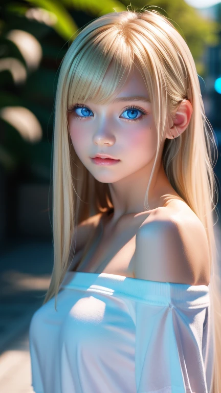 1 girl, 19 years old, alone, Super long blonde hair, Huge , Looking at the audience, Natural platinum blonde hair, Bangs that cover the eyes、Exposing shoulders, jewelry, whole body, (Highly detailed 8K wallpapers), Soft lighting, high quality, Film Grain, Fujifilm XT3 Sharp focus, 5 ....6, Attention to detail, Sharp focus,(Natural light), (close:1.2), (Attractive breasts), Off-the-shoulder T-shirt, realism, sexy、Beautiful bright ice white blue eyes