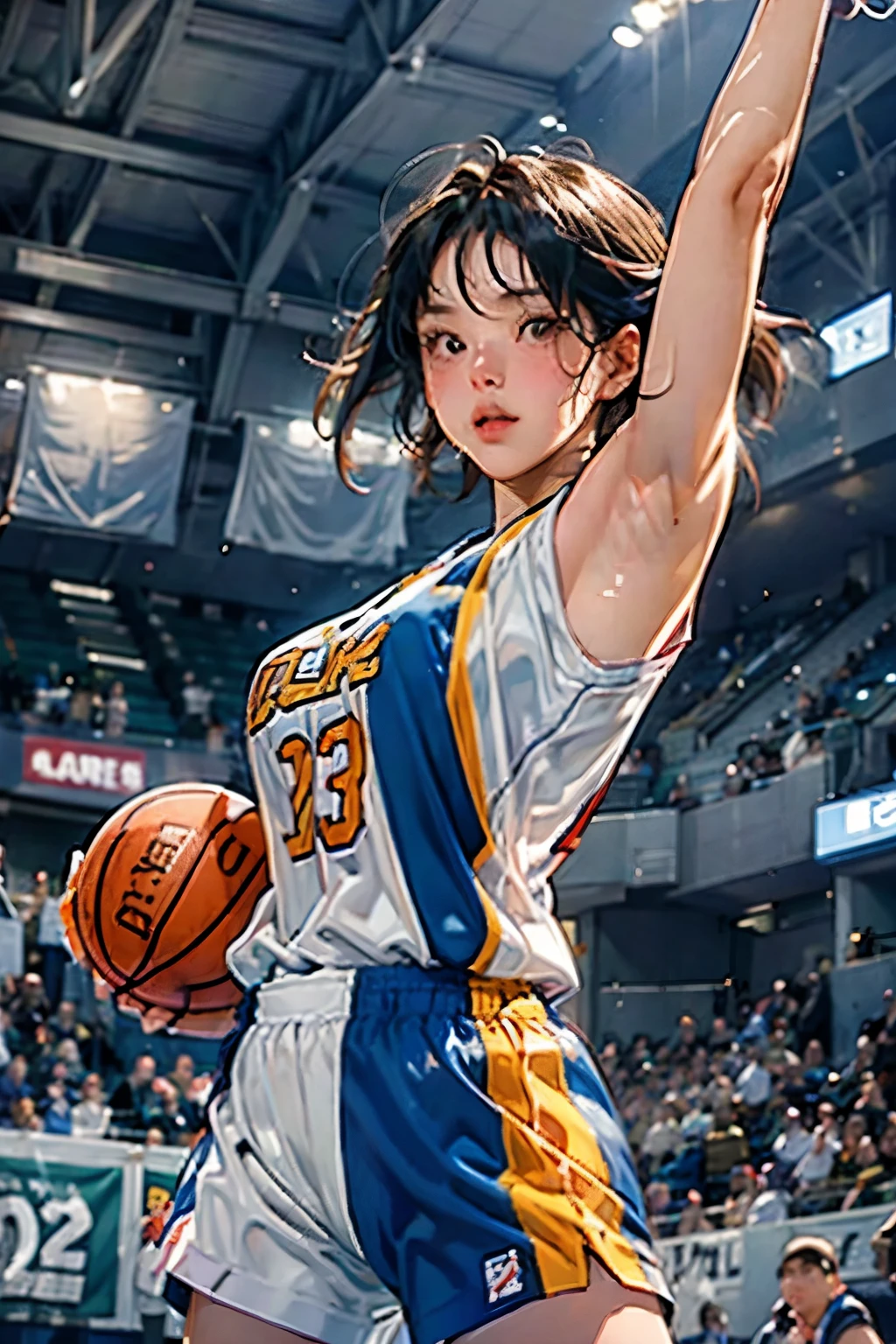 ((Female Basketball Player))、Young and beautiful girl、美しい顔のdetailedな描写、alone、(scence of slam dunk:1.4)、(Dunk Shot:1.4)、(Jumping Chute:1.4)、(Goal Post)、Close-up、Motion Blur、Dynamic Angle、stadium lighting、Blur the background、8Kdetailed、(detailed、masterpiece、Highest quality)、