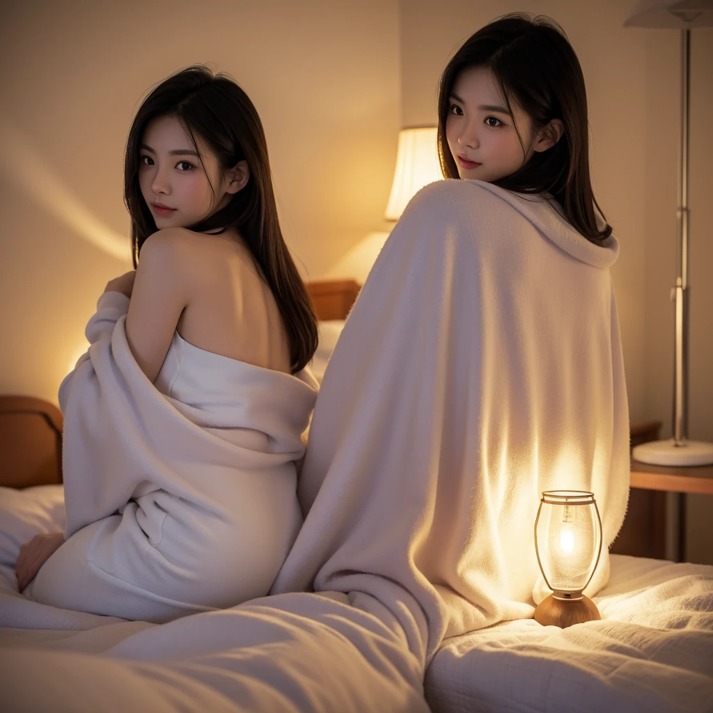 on a mattress in a comfortable bedroom at night, a man hugs a beautiful woman from behind, her body is covered in a thick blanket, the light from the fluorescent table lamp adds to the impression of calm and peace, closeup, Professional photography, bokeh, natural lighting, canon lens, shot on dslr 64 megapixels sharp focus