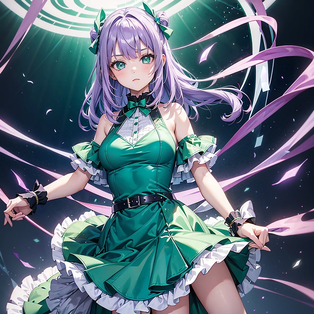 , girl, beautiful, (light purple hair), ((emerald green eyes)), wearing a blue dress