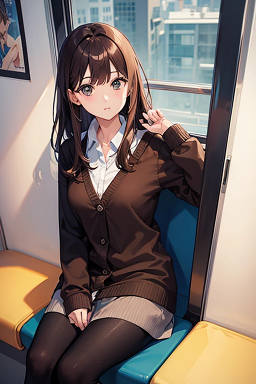masterpiece, Highest quality, High resolution，Anime Style、Brown Hair、length、Wear a cardigan、Sit on the train
