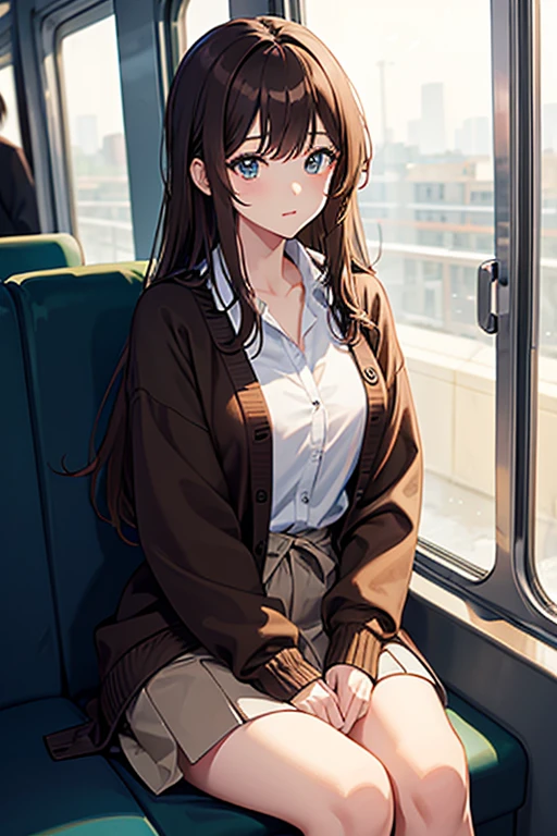 masterpiece, Highest quality, High resolution,Anime Style、Brown Hair、length、Wear a cardigan、Sit on the train