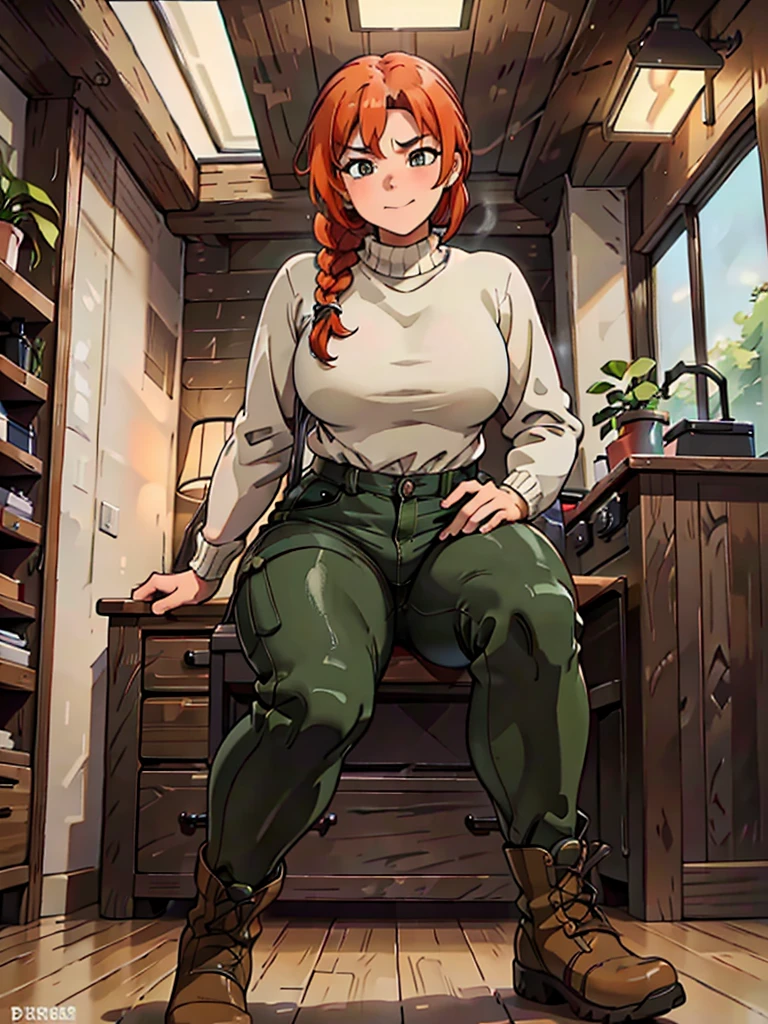 (best quality,4k,8k,highres,masterpiece:1.2),ultra-detailed,realistic:1.37,portrait, very sexy   girl lesbian redhead, braided hair, beautiful green eye, seductive, warm sweater,  unzipped camouflage pants, army boots, smirking, cozy lighting, vibrant colors. Futanari, lewd,    night, crotesc ,  erotic 