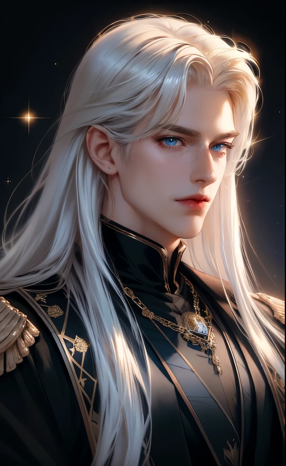 {(Best quality, 8k, Masterpiece, Human development report, Soft lighting, Perfect image, Digital illustration, manhwa art, Very detailed picture, Perfect lines, real)} 1 very handsome man, Long white hair reaching shoulder length , blue eyes, Luxury clothing (Force the position, He smiles), {(Black background with gold glitter, Unclear)}