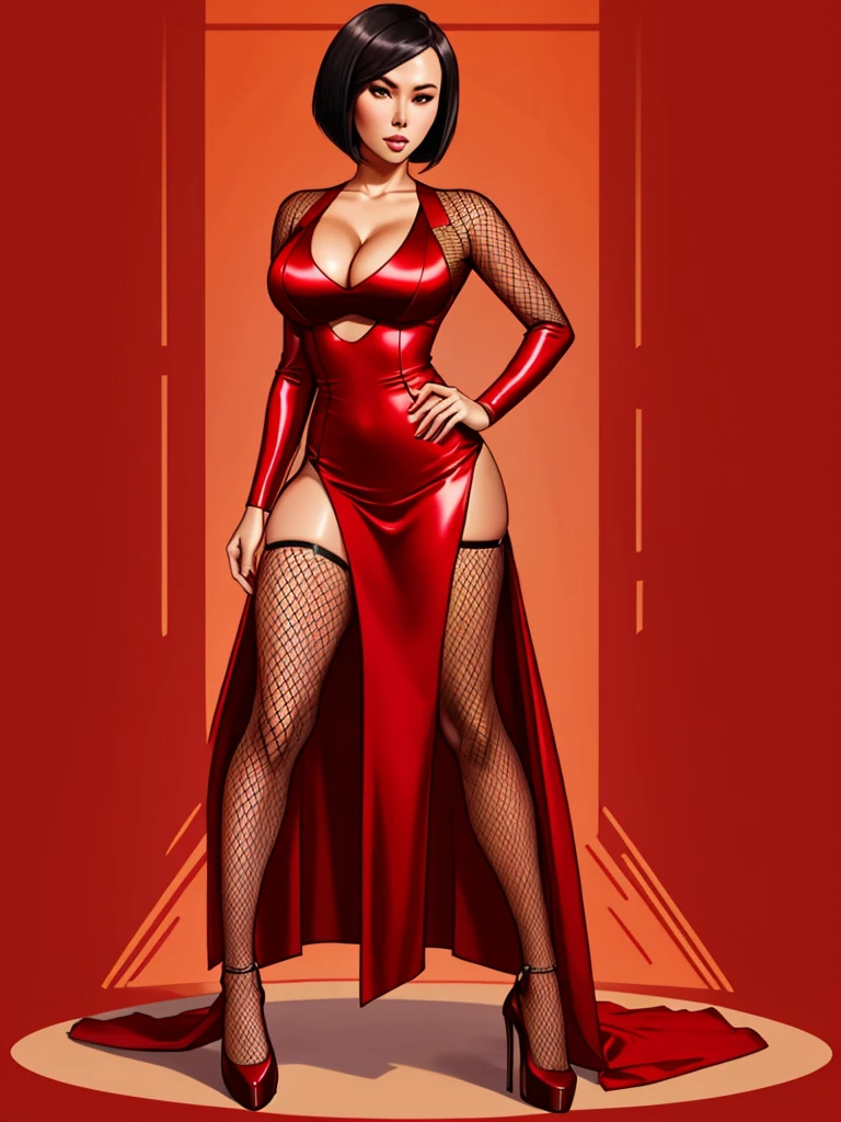 gorgeous woman, purple hair, pixie cut, asymmetric red dress, pale blue eyes, full body shot, transparent clothes, see through clothes, pubic hair, nipples,