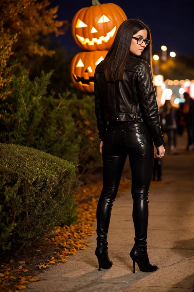 teenager girl, pale, wearing glasses brown shoulder length brown straight hair, black leather jacket, black leather leggings, black heels, halloween night on the hayride low angle backside view