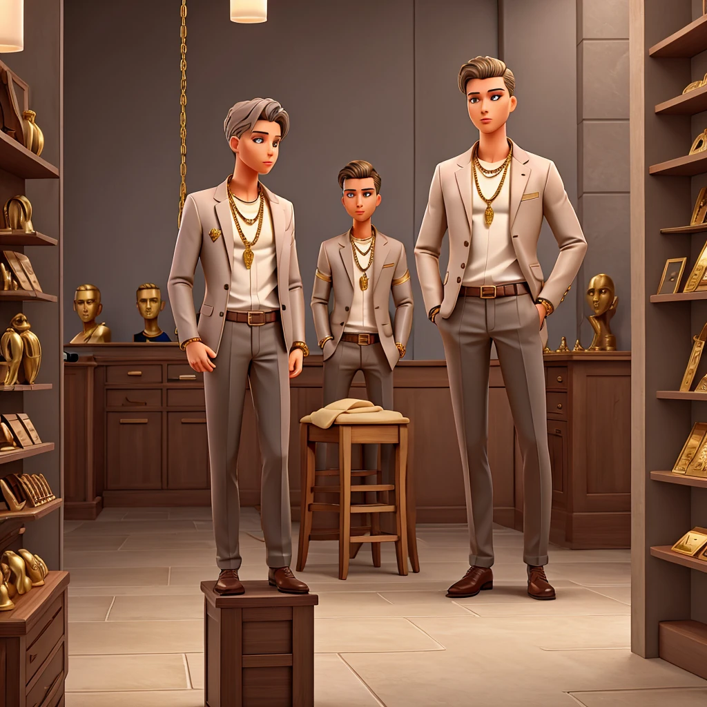 Drawing of inside a jewelry store with gray walls and male mannequins from the chest up with some gold chain