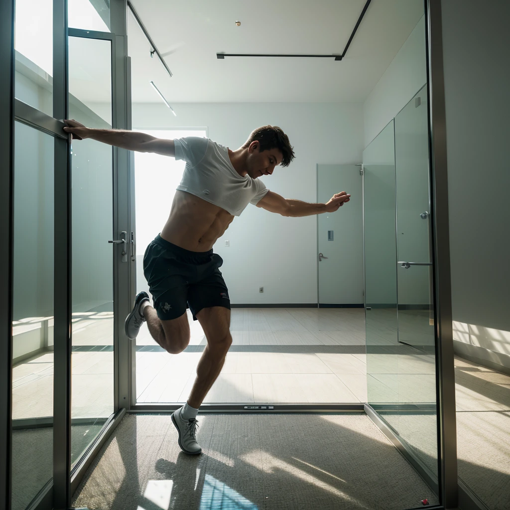 (A man: 1.4) jump fly, break glass, crew, Glare, inside, Libra, Center of the frame, delicate image, good detail, HDR, 8k, award-winning photography