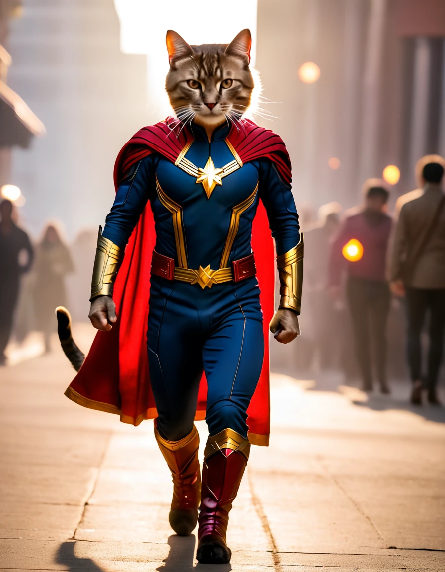 a cat Captain Marvel dr strange costume, dramatic scene, dynamic camera, backlit, (closed:1.2), high quality photo, 3 point lighting, softbox flash, 4k, canon eos r3, high resolution, smooth, sharp focus, high resolution, award winning photo, 80mm, f2.8, bokeh