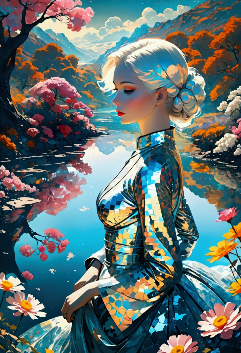 (John Ball Style:0.8),Ashley Wood (Ashley Wood) style of,Lillian Bassman Style, 1 beautiful sexy lady photos,Future Utopia, nebula, Flowers, river, (Double Exposure:1.3) ,Look at it from above, Wearing a brocade dress, Optical illusion, Fantasy Art, Made of iridescent crystal glass mosaic with sub-diffusing mirror,Bokeh sky,Dramatic month, Amazing depth, Complex and detailed fine-cracked surface, stunning atmosphere, Mesmerizing whimsical vibrant landscapes, High Detail, number, complex, 8K,