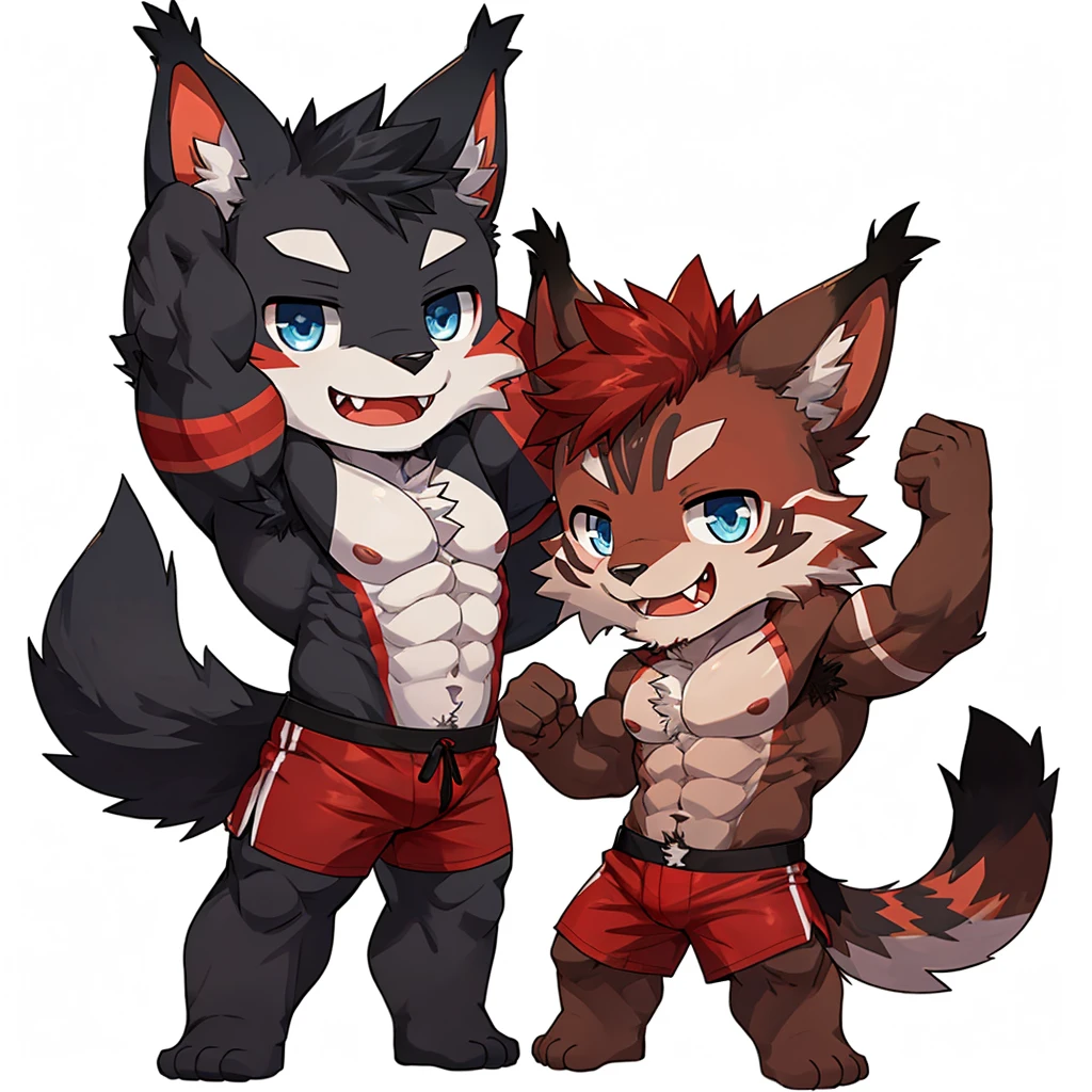 ((Furry lynx cat)), ((chibi)), chibi, chibi, chibi, chibi, body fully covered in black fur, ((fully covered in black fur)), ((black fur)), sharp fangs, sharp teeth, summer shorts outfit, cute, blue eyes, red chest hair, red eyebrows, red armpit hair, black nose, black tail, black tail with red tip, red whiskers, happy, smile, correct Anatomy, correct hand, ((white background)), (Acting happy), (hands up), enjoy, ((front view)), full body, sexy, (flexing), (muscle), black tail, black tail red tail tip, red eyebrows, red chest hair, red armpit hair, chibi, chibi, chibi, chibi