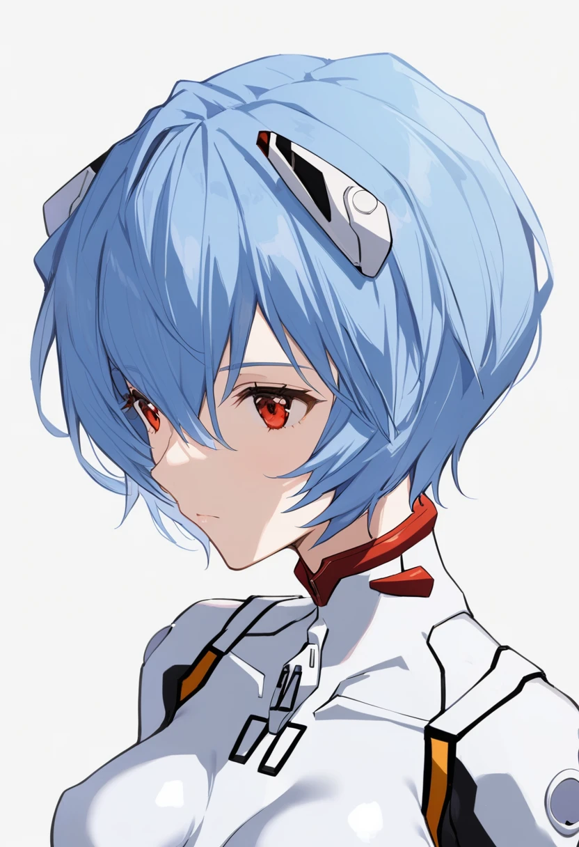 1girl, ayanami rei, solo, red eyes, plugsuit, short hair, blue hair, breasts, bodysuit, upper body, white background, white bodysuit, simple background, interface headset, bangs, closed mouth, hair between eyes, medium breasts, medium quality, late, 